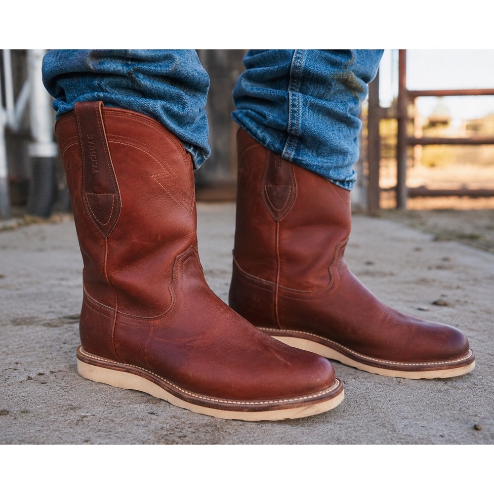 Tecovas Ranch Wear Boots Men's 9.5 EE Brown Leather Wellington Vibram Wedge Sole